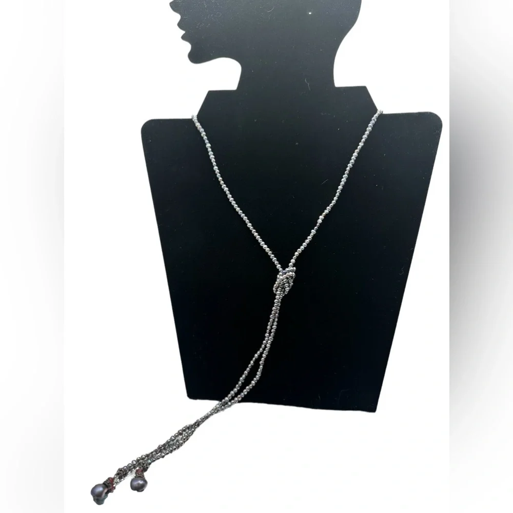 Grey Pearl Lariat with garnet beads at end Statement necklace ! New! - Picture 2 of 2